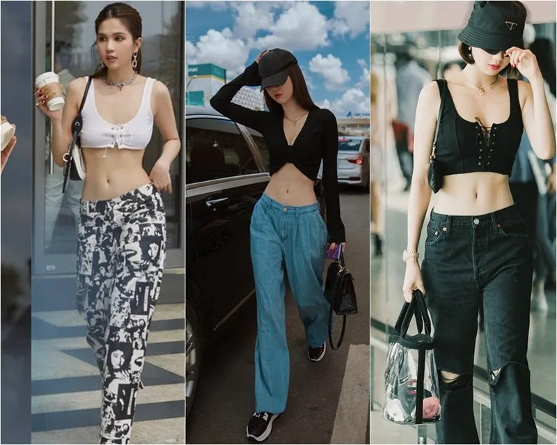 Sự kết hợp quyến rũ giữa chiếc quần jeans cạp trễ cá tính và dáng áo croptop giúp tôn lên vòng eo thon gọn.