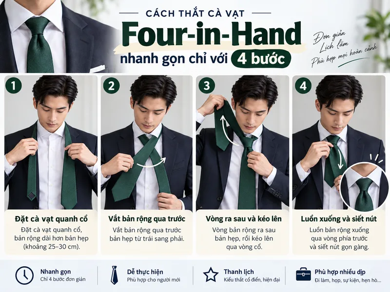 Cách thắt cà vạt Four-in-Hand nhanh gọn chỉ với 4 bước